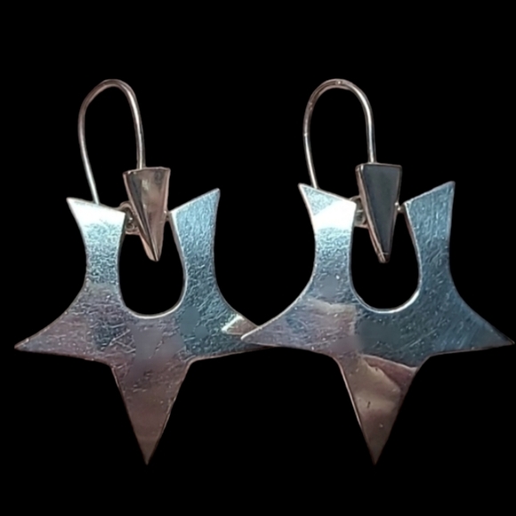 Unique Pure .925 Retro Star Earrings Mexico Artisan Statement 1990's - Picture 5 of 5